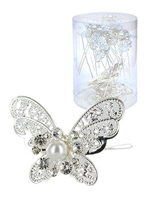 Stone Hair Pin 20/Jar Silver -  Butterfly